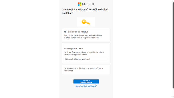 Microsoft termékaktiválási Portál Bejelentkezés felület