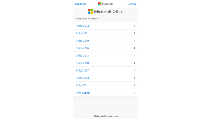 Office verzió választása felület