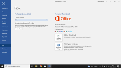 Office aktiválás ellenőrzése a Fájl Fiók menüpont alatt