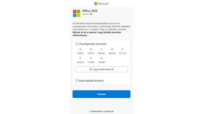 Visszaigazolási azonosító (Confirmation ID) megjelenítése sikeres aktiválás után